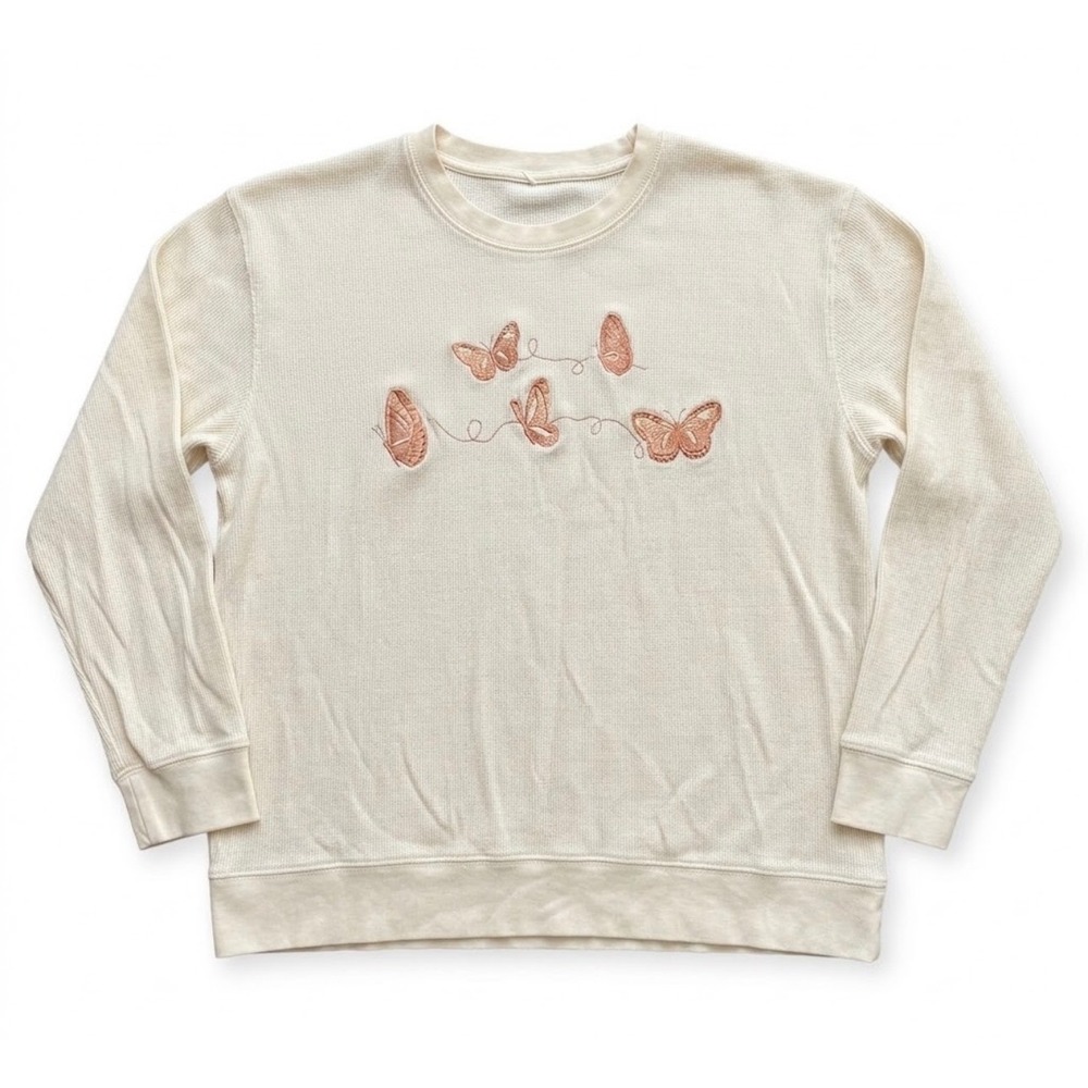 VTG 90s Embroidered Butterfly Thermal Sweatshirt cream waffle knit Fall Cabin L